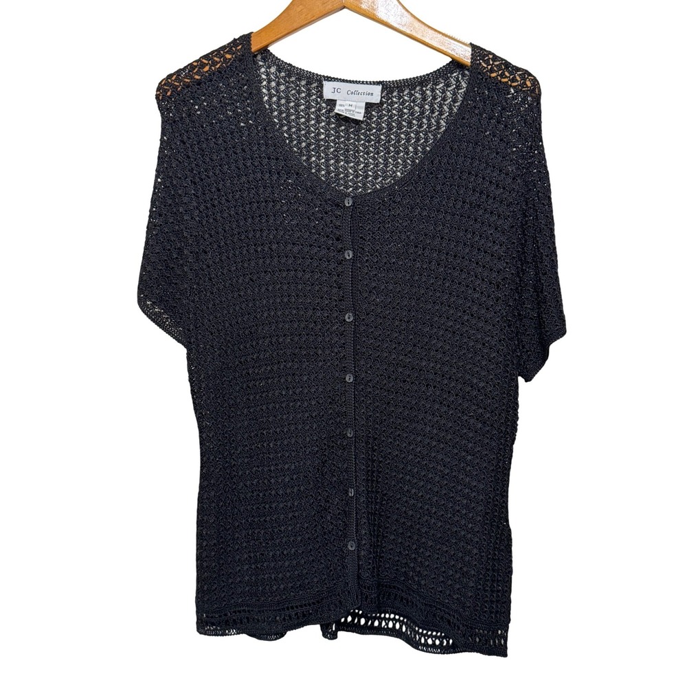 Vintage JC Collection Open Knit Sweater Button Front‎ Medium Black Short Sleeve